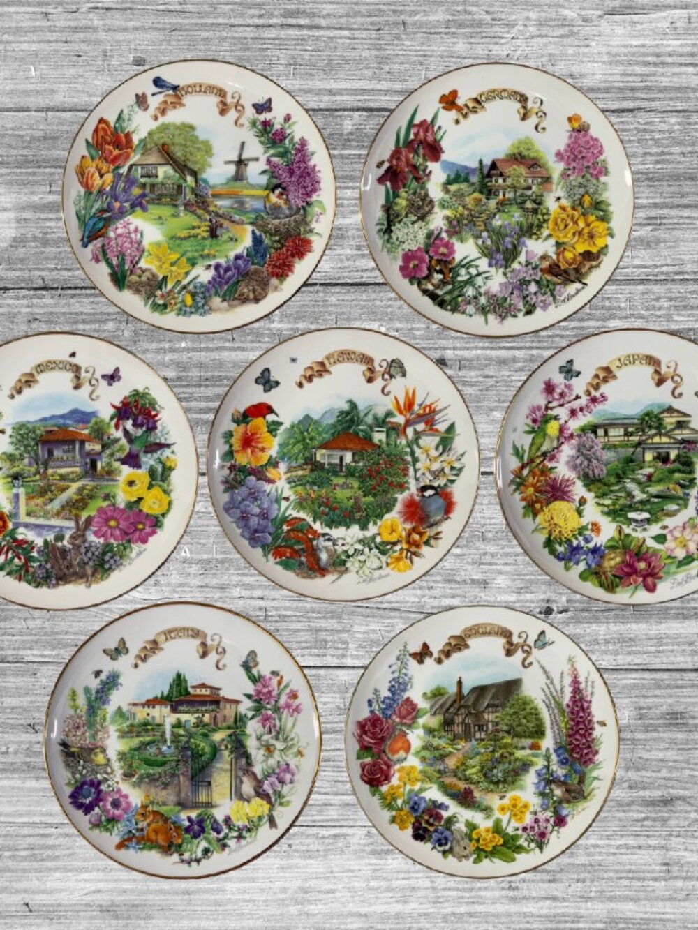 RECO 1988 By Dot Barlowe Plate Gardens flowers floral set x 7 made in USA